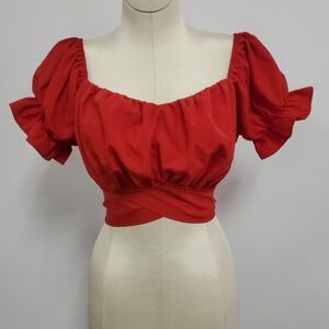 Lyaner Womens Y2K Milkmaid Tie Back Babydoll Cropped Top Size L Red Coquette